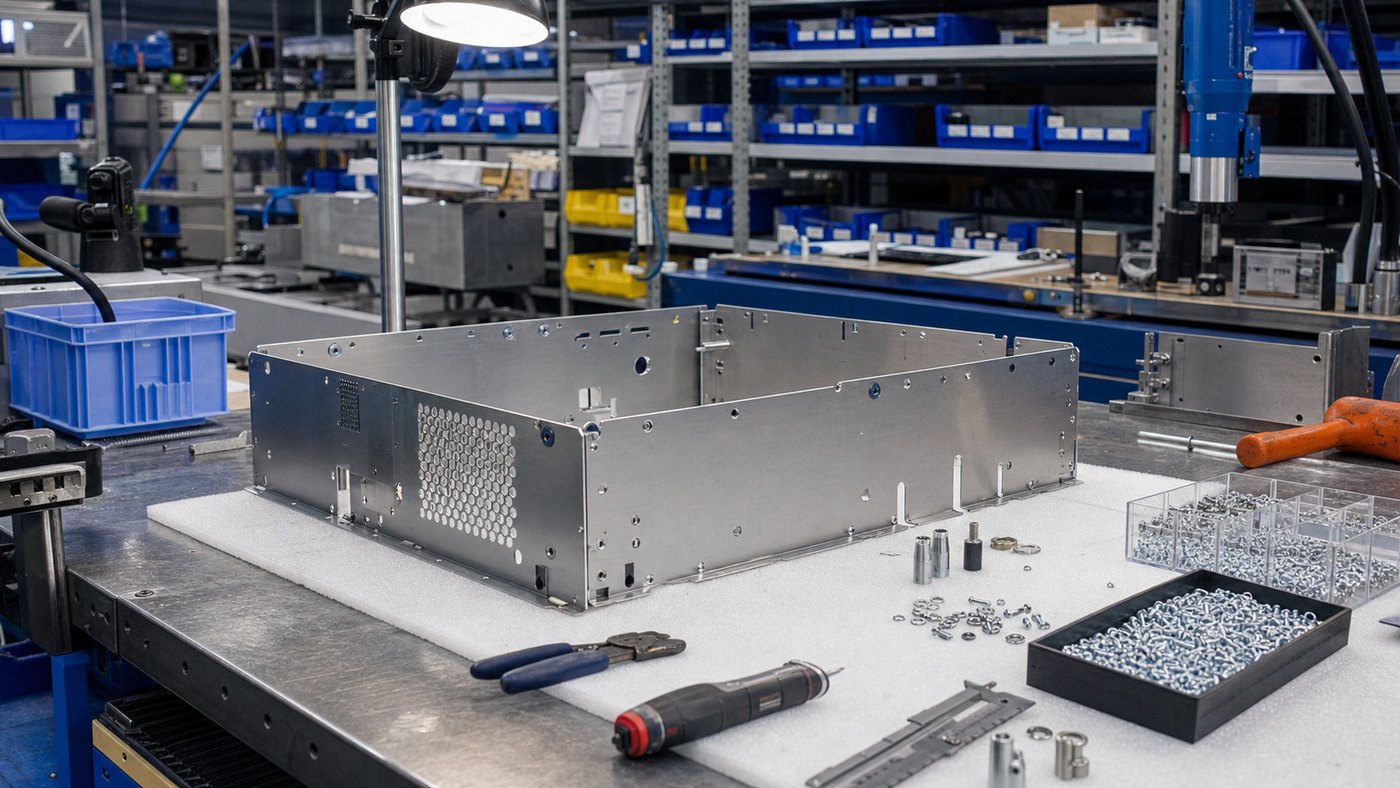 mechanical assembly bench with sheet metal enclosure and hardware